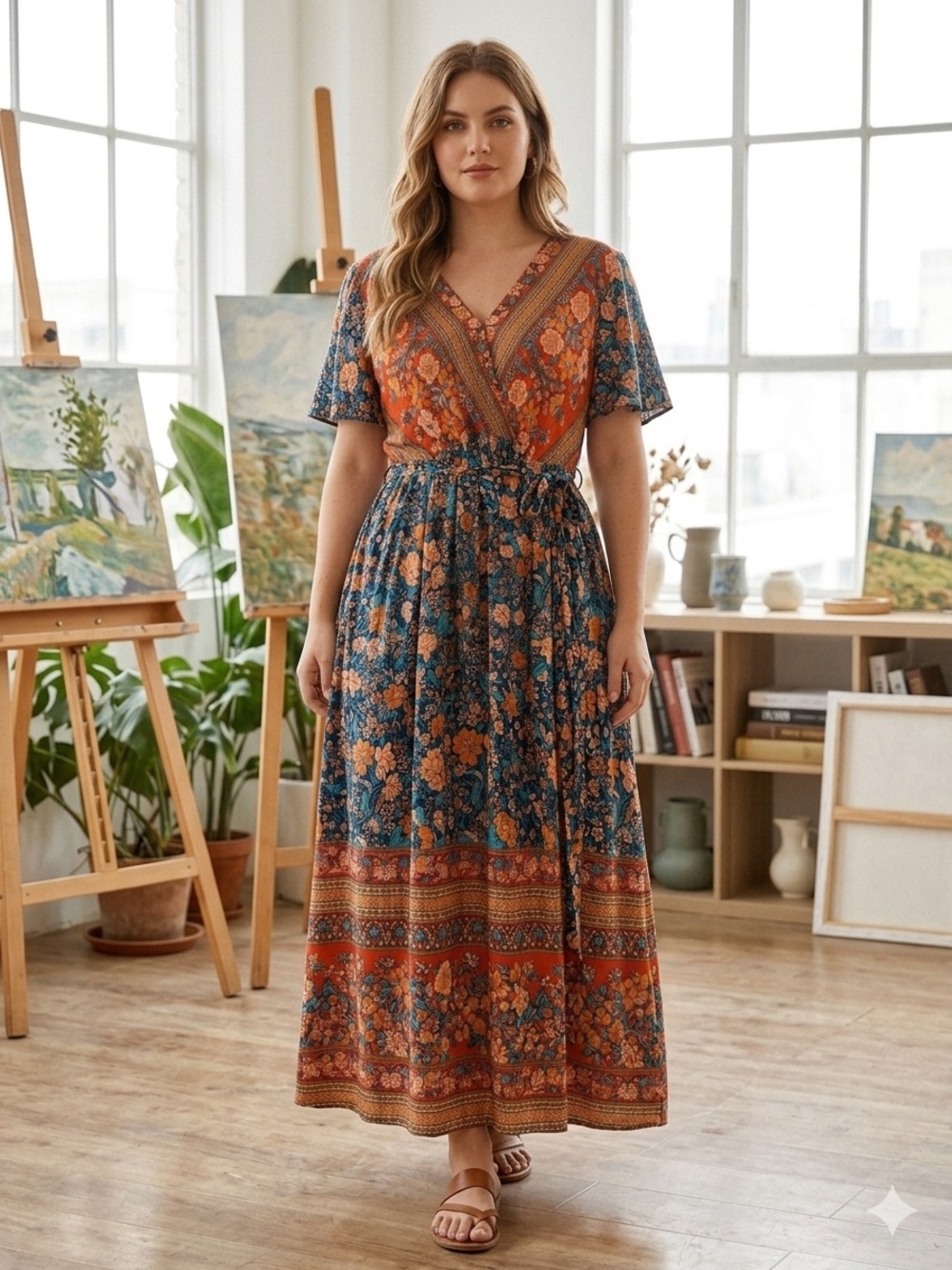 BloomChic Rust and Teal Floral tie Maxi Dress